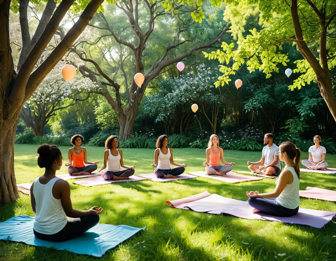 A serene scene depicting a diverse group of people practicing mindfulness in a lush green park, surrounded by blossoming flowers and gentle sunlight filtering through trees. The individuals are engaged in various activities such as meditation, yoga, and journaling, all radiating joy and self-love. Soft pastel colors dominate the palette, promoting a peaceful atmosphere. Include elements that symbolize joy, like butterflies and vibrant balloons. painting. vibrant colors.