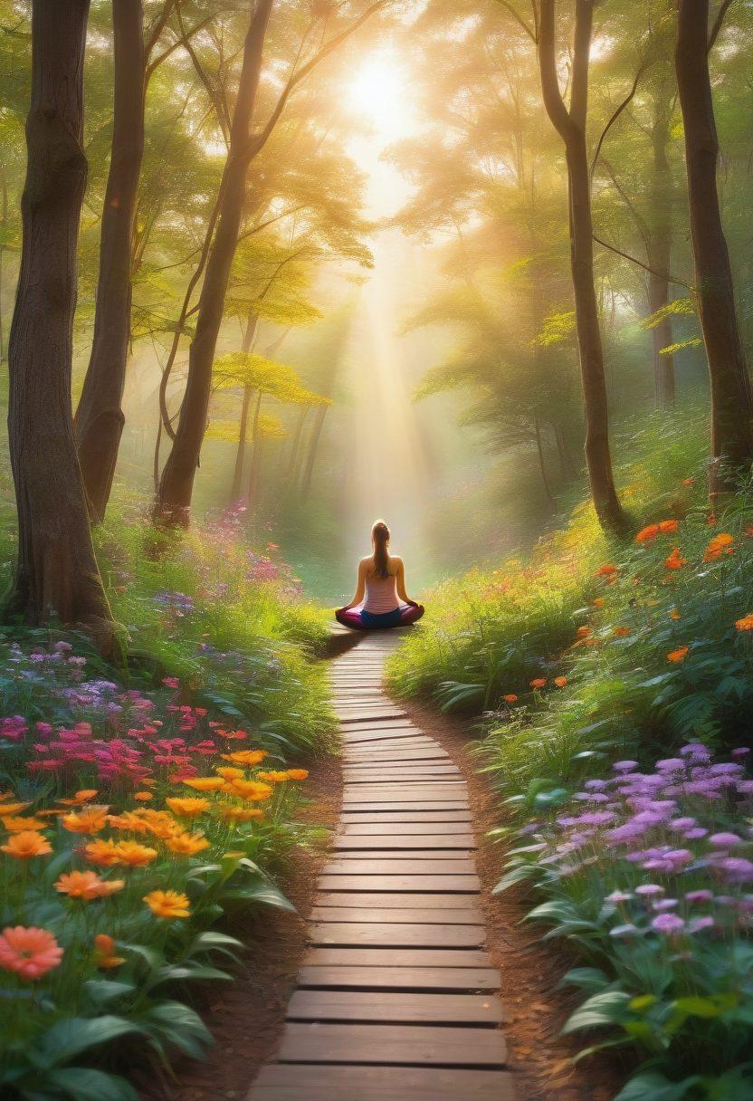 A serene and inviting landscape featuring a tranquil path winding through a lush forest, symbolizing holistic wellness. Alongside the path, vibrant flowers bloom, representing various wellness practices such as yoga and meditation. A golden light filters through the trees, creating a sense of peace and enlightenment. Include a figure practicing yoga in the foreground, radiating calmness and positivity. ethereal art. vibrant colors. soft focus.