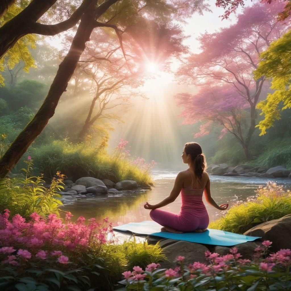A serene landscape with a gently flowing river and lush greenery, featuring a silhouette of a woman practicing yoga, surrounded by vibrant flowers symbolizing joy. Include soft rays of sunlight breaking through the trees, creating an ethereal glow. The scene conveys tranquility and holistic wellness. vibrant colors. painting.